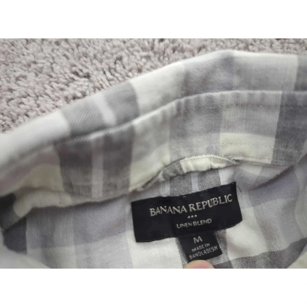 Banana Republic Button Up Shirt Mens Medium Gray Plaid Long‎ Sleeve Linen Blend